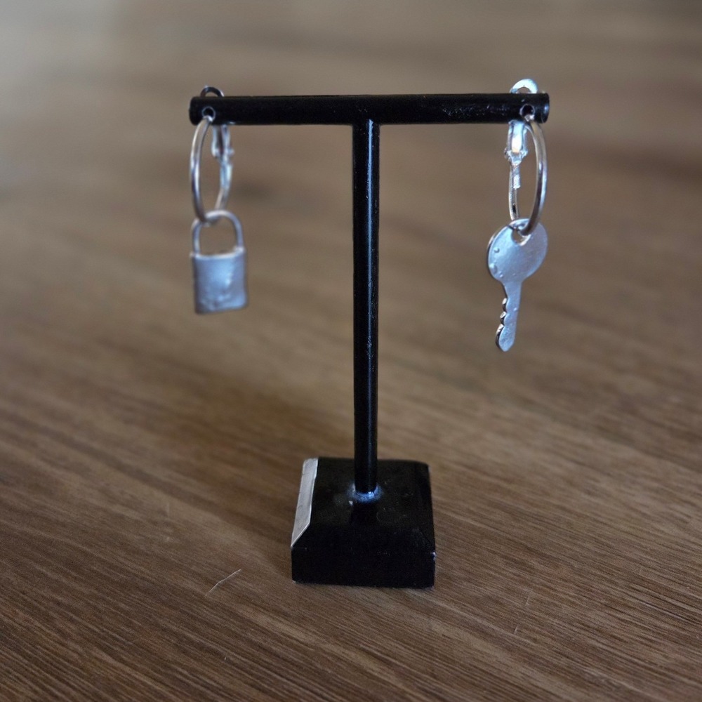 Silver Lock and‎ Key Mismatched Hoop Earrings Lever Back Dangle Charms